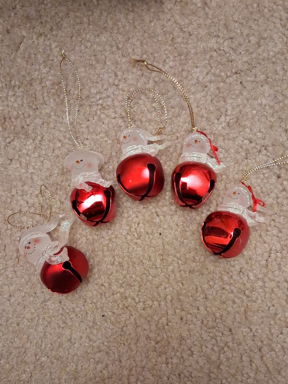 Red Snowman Bell Ornaments - Set of 5 Holiday Tree Hangings
